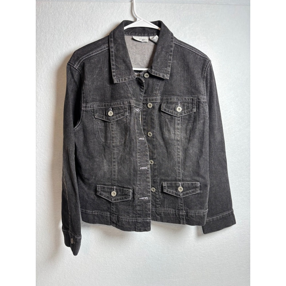 Chicos Platinum Black Denim Jacket Stretch Cotton Trucker Size 1 Medium
